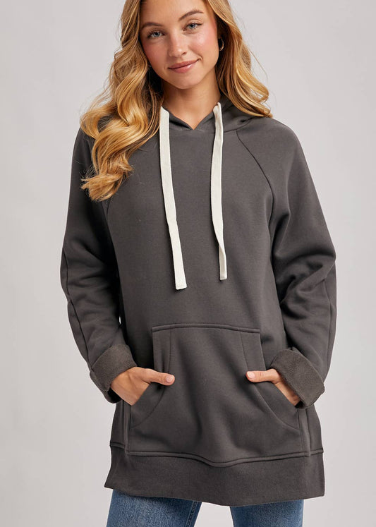 Side Slit Tunic Hooded Sweatshirt - Ash
