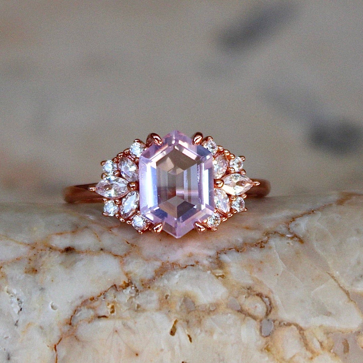 Lavender Quartz Hexagon Floral Ring