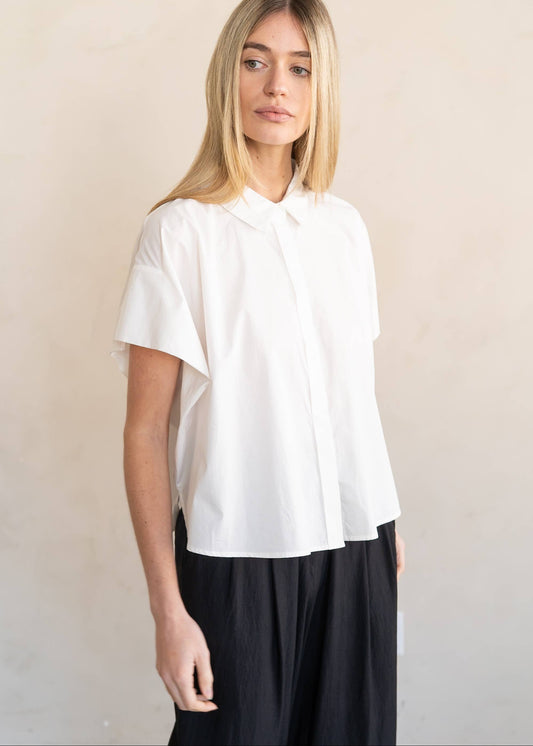 Boxy Short Sleeve Poplin Button Up Shirt