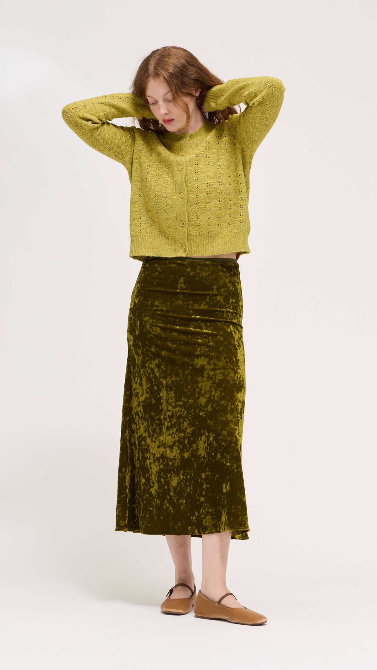 Chartreuse Textured Velvet Slip Skirt