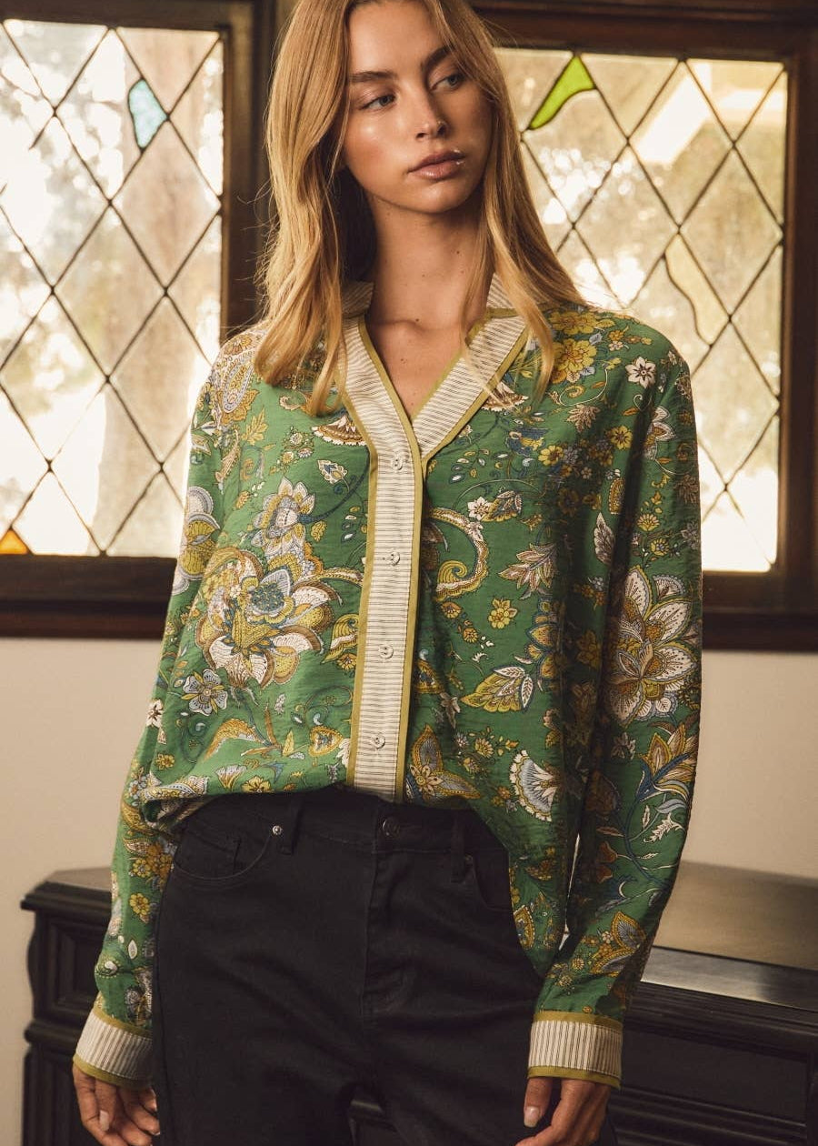 Elegant Paisley & Contrast Trim Blouse