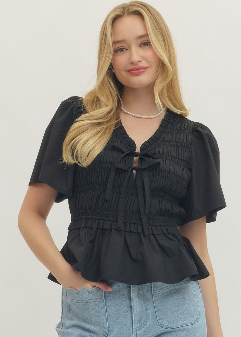 Henrietta Smocked Tie Front Peplum Top