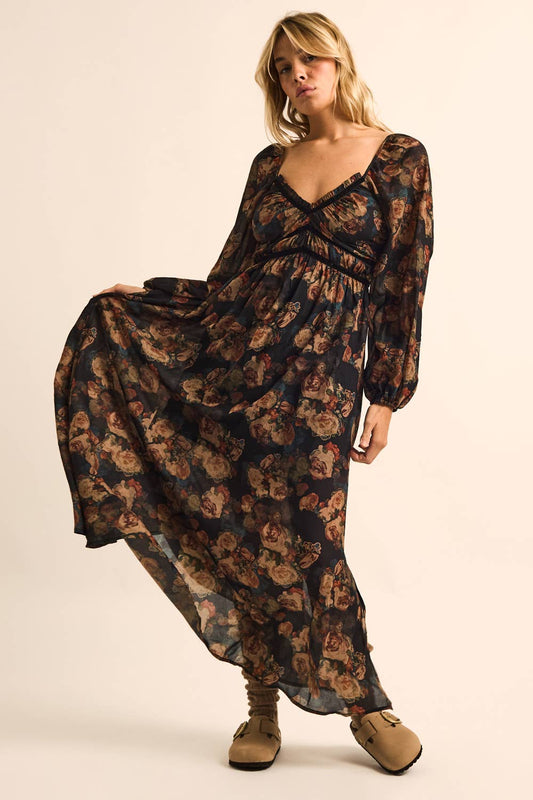 Midnight Floral Velvet-Trimmed Maxi Dress