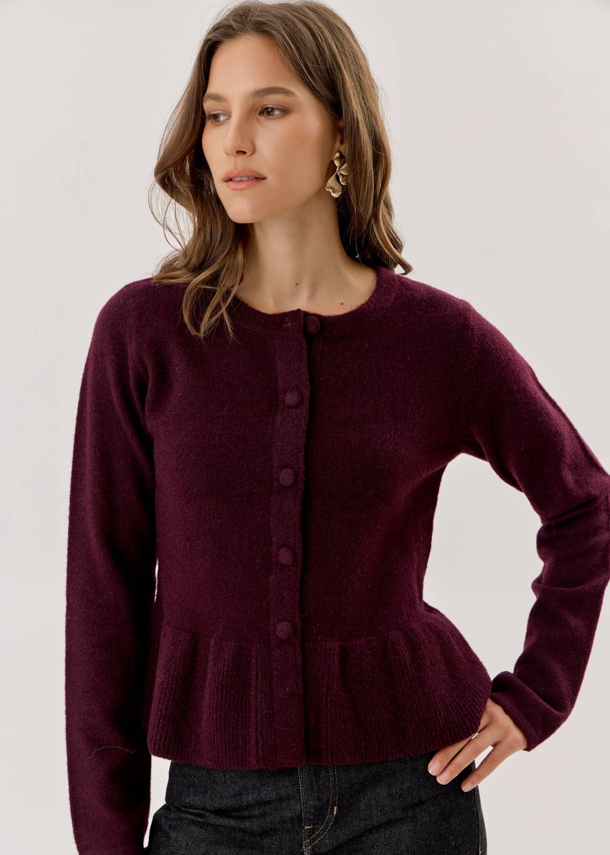 Plum Peplum Knit Cardigan