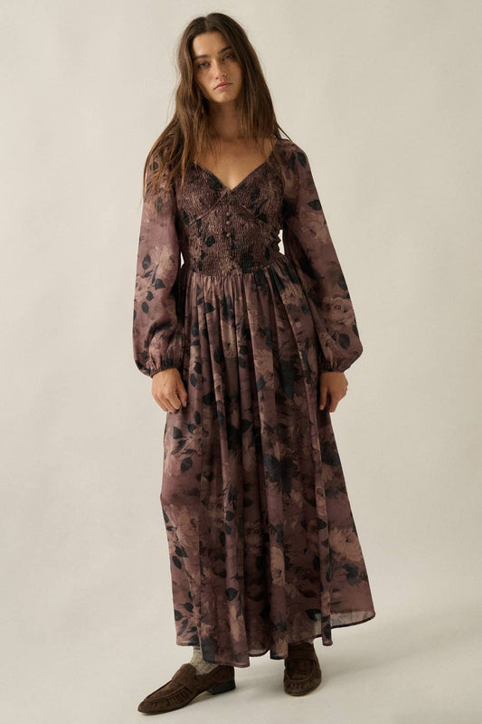 Romantic Brown Blossoms Sweetheart Maxi Dress
