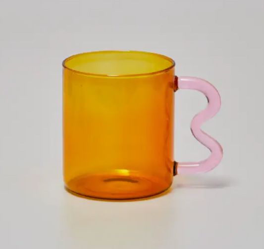 Wavy Glass Mug - Amber w/ Pink Handle