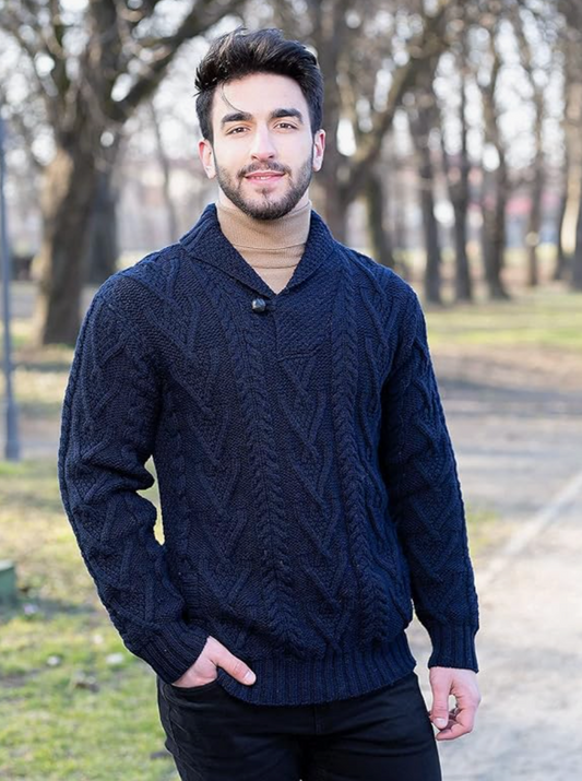 Merino Wool Shawl Collar Sweater - Navy