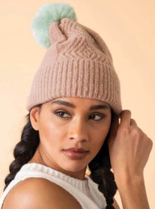 Ingrid Bobble Hat - Taupe & Aqua