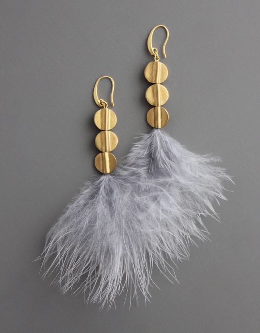 Lavander Feather and Brass Disc Earrings