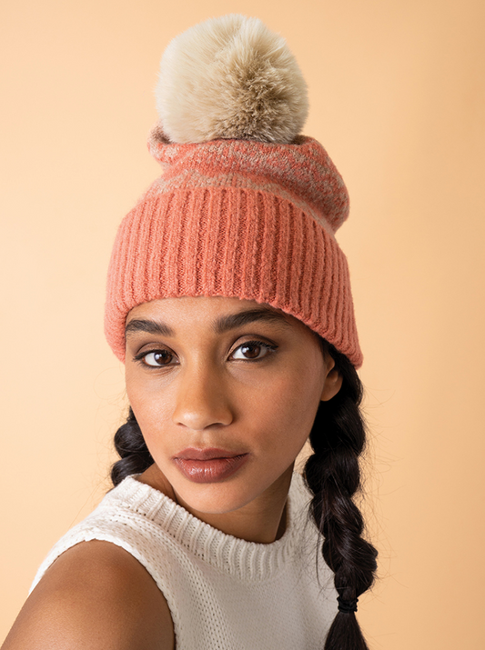 Thora Bobble Hat - Coral & Taupe