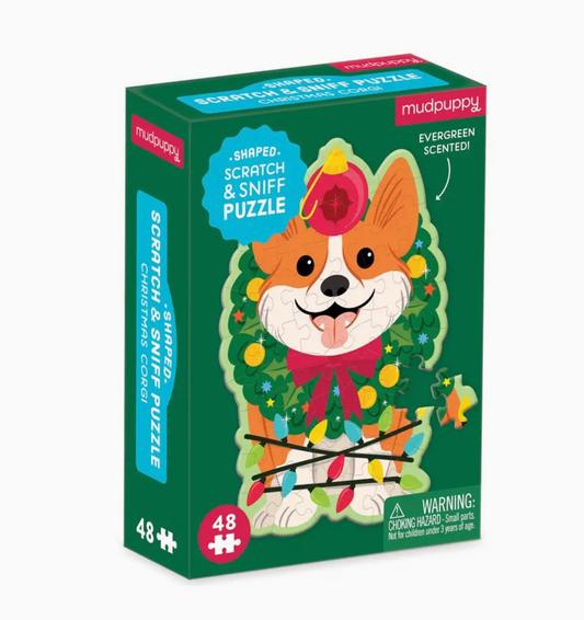 Christmas Corgi- 48 Piece Scratch and Sniff Shaped Mini Puzzle