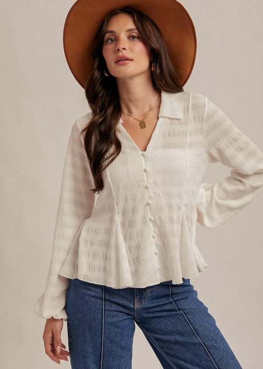 Peplum Textured Button Up Top