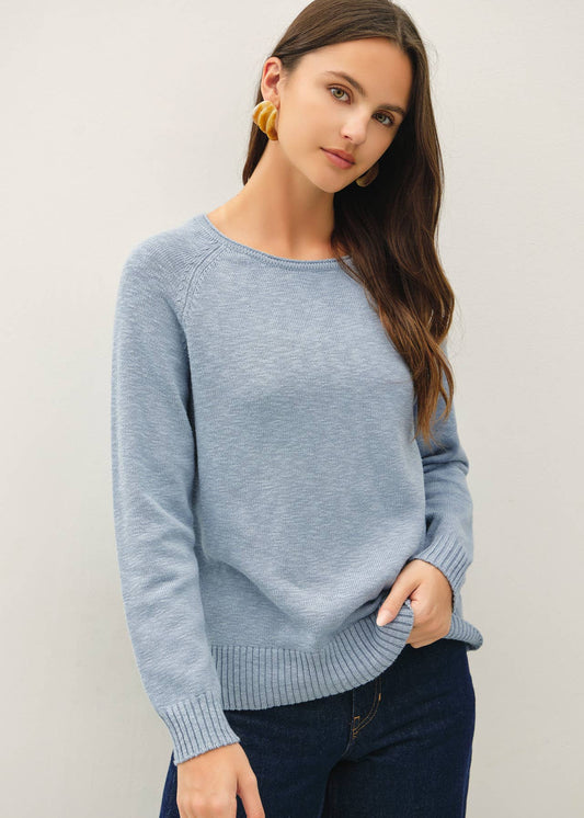 Soft Cotton-Viscose Rolled Collar Pullover Sweater - Slate Blue