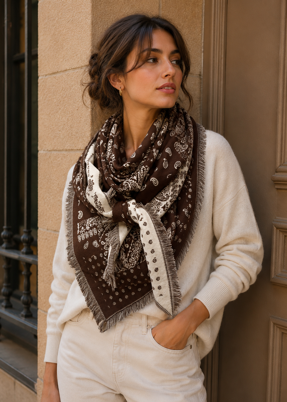 Soft Touch Paisley Triangle Shoulder Scarf - Cafe