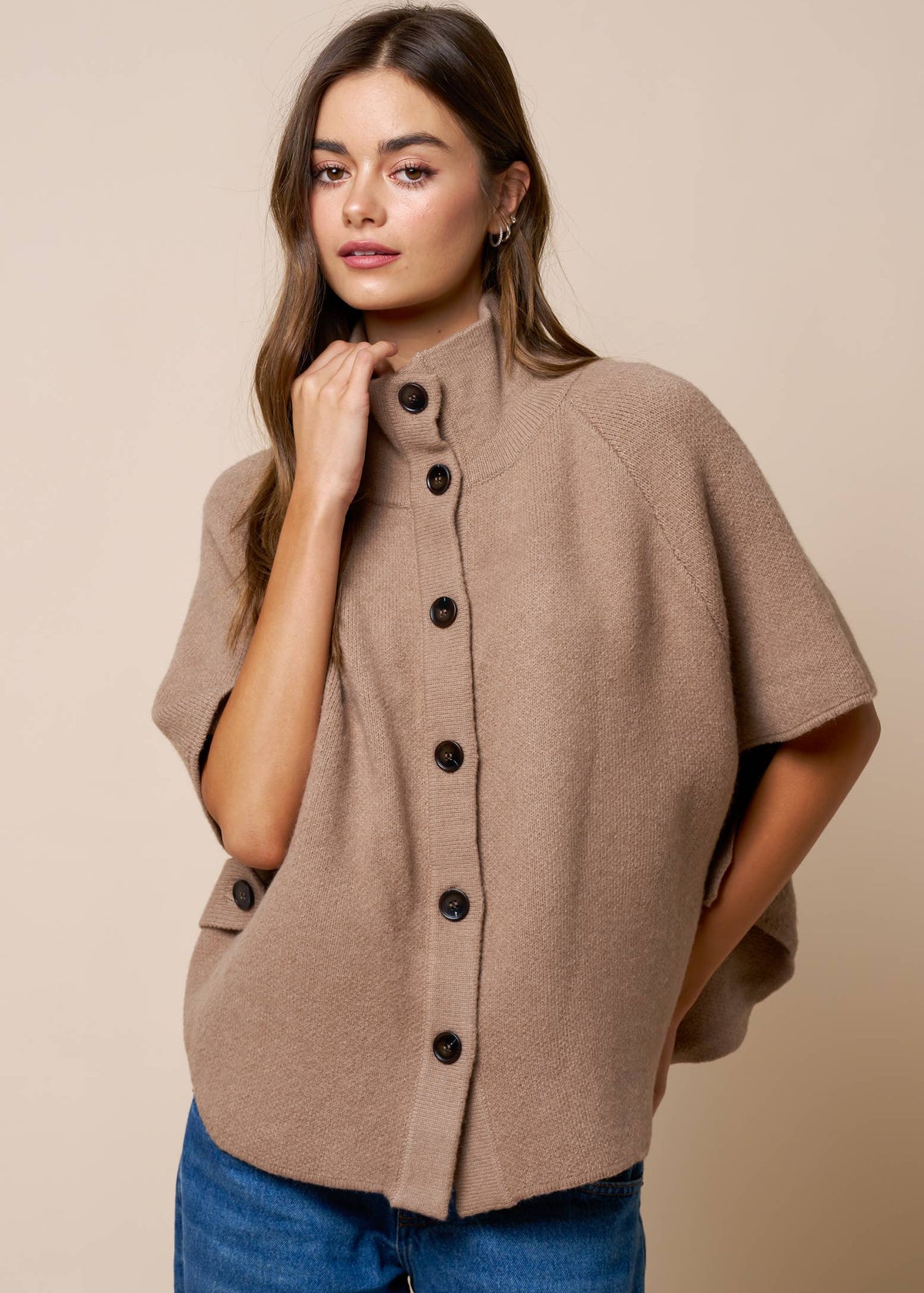 Taupe Button Down Knit Poncho