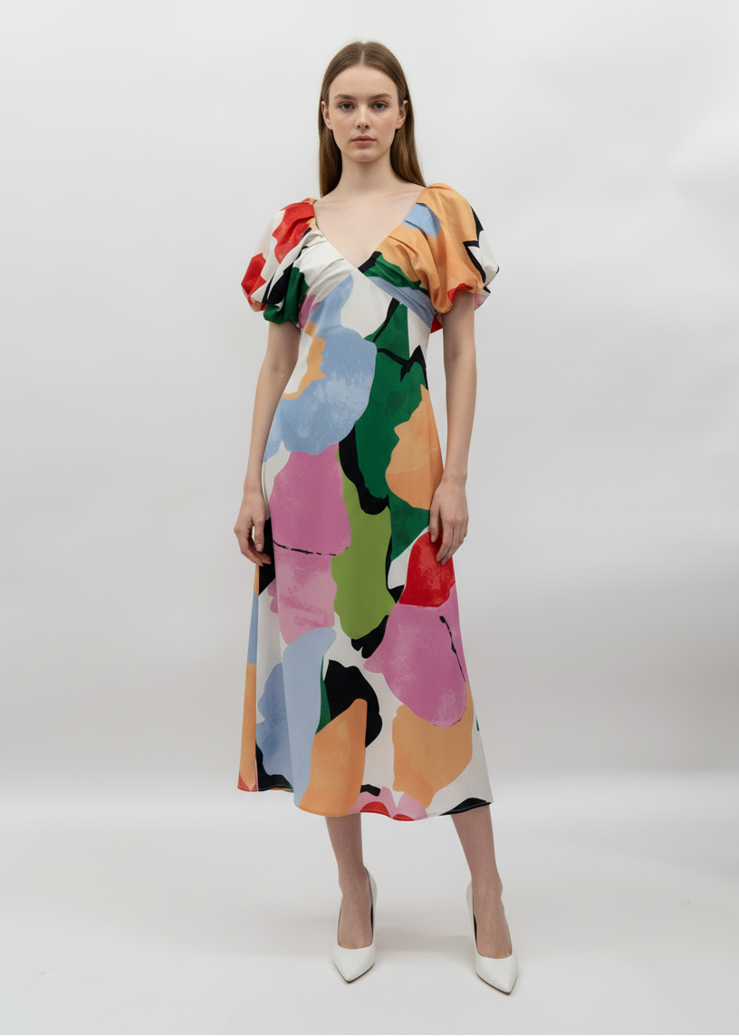 Vibrant Abstract Puff Sleeve Midi Dress