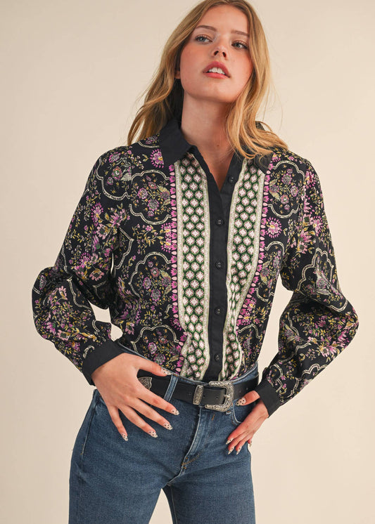 Floral Border Button Up Blouse