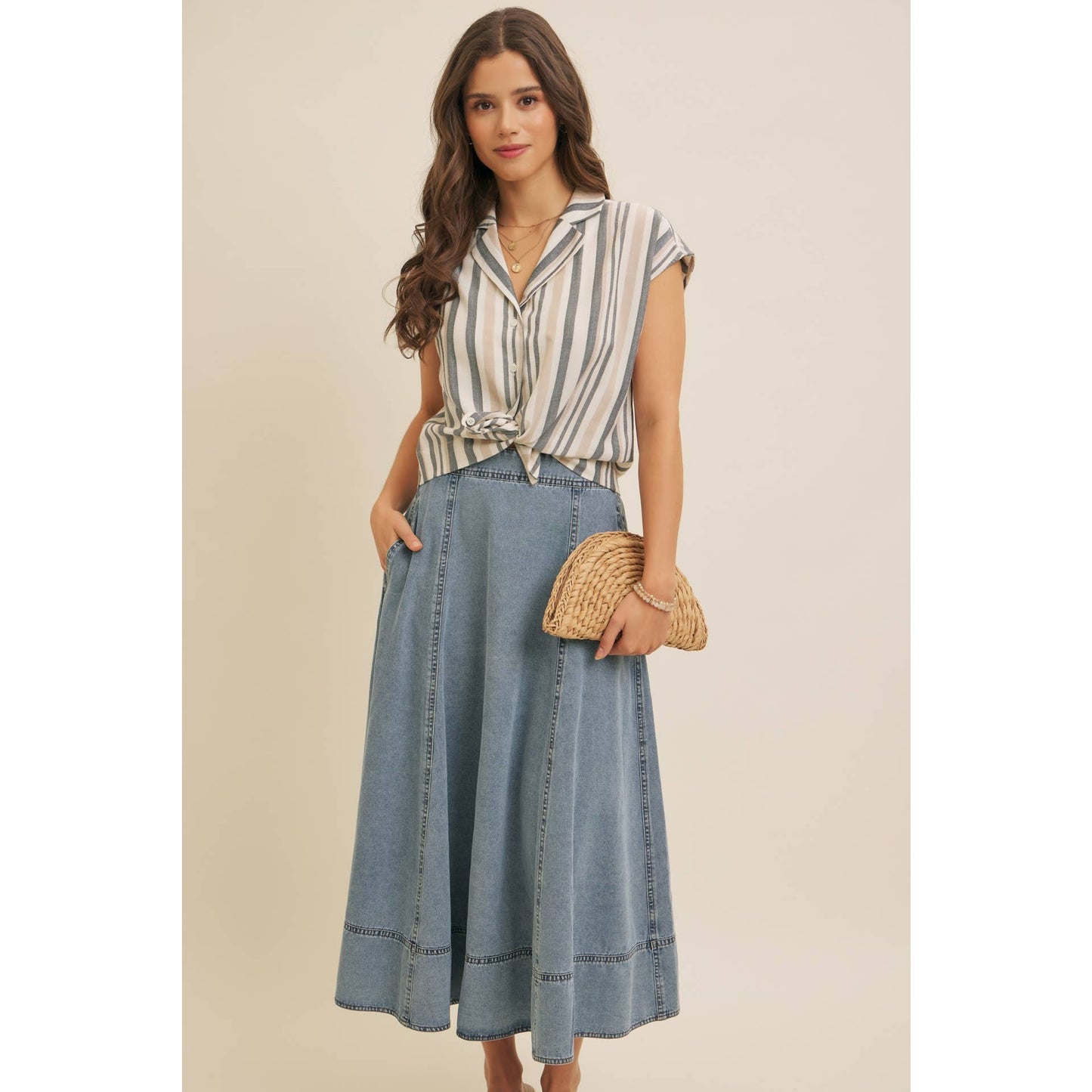 Stitched Denim Midi Skirt