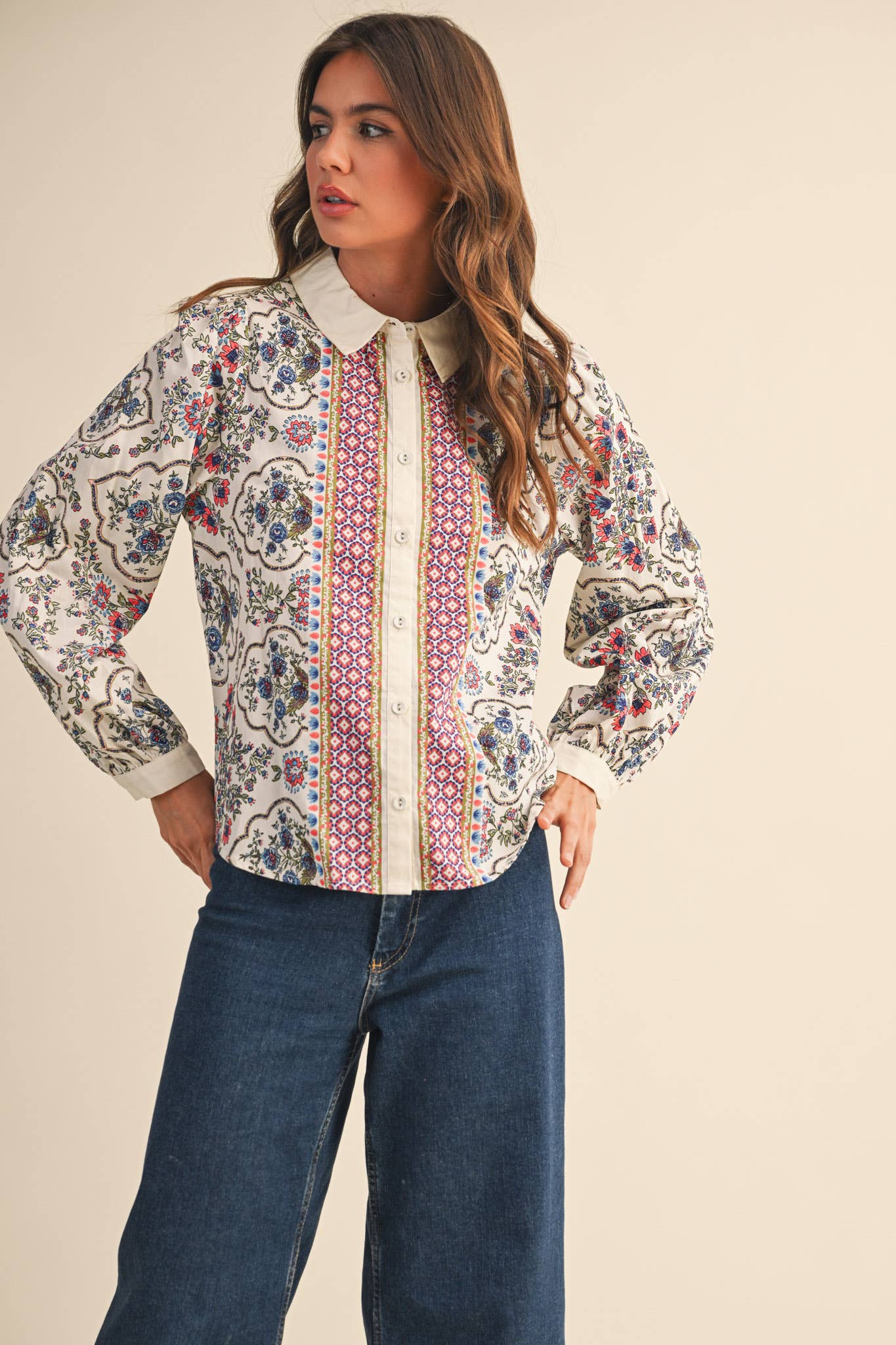 Floral Border Button Up Blouse