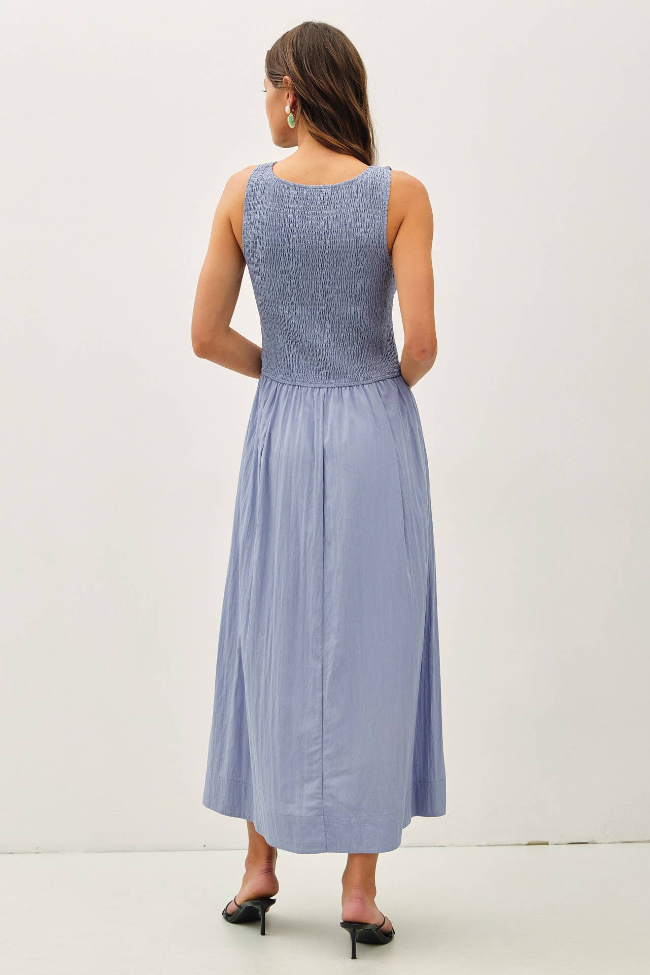 Powder Blue Boatneck Smocked Tank Midi Dress