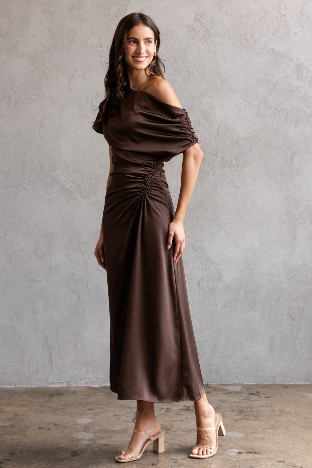 One Shoulder Ruched Midi Dress