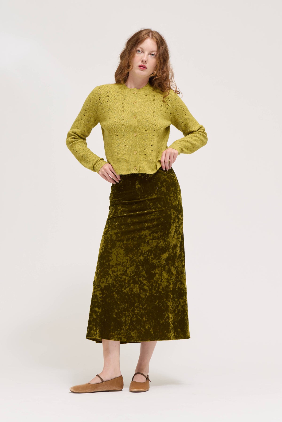 Chartreuse Textured Velvet Slip Skirt