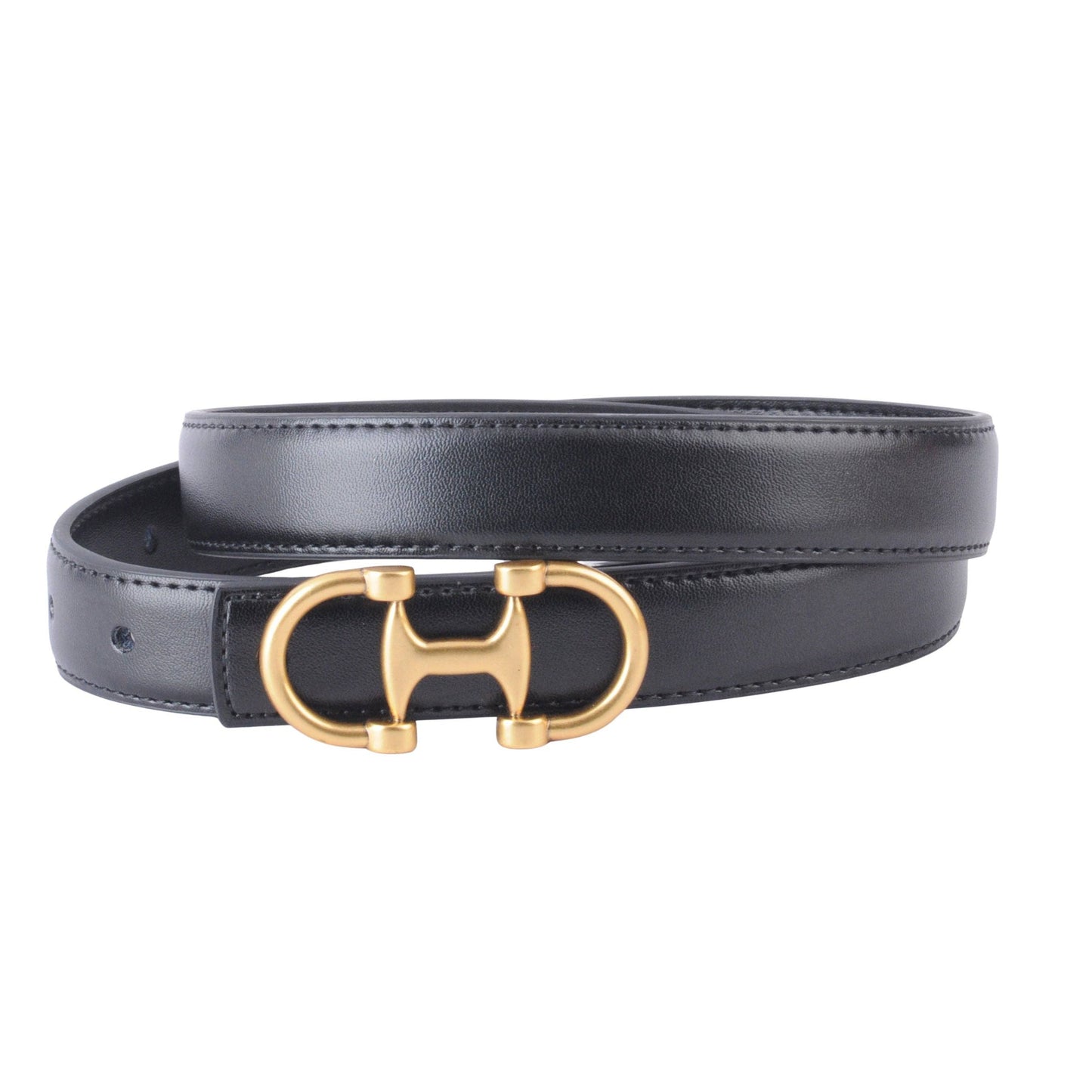 Horse Bit Buckle Stitched Napa Leather Belt - Black Leather