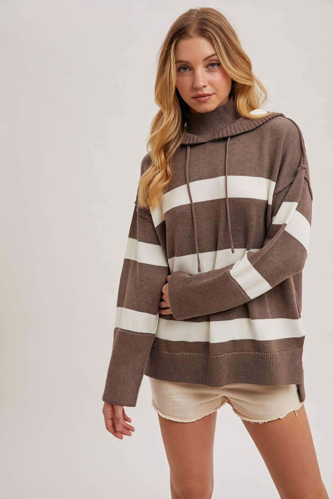 Mock Neck Hooded Knit Sweater