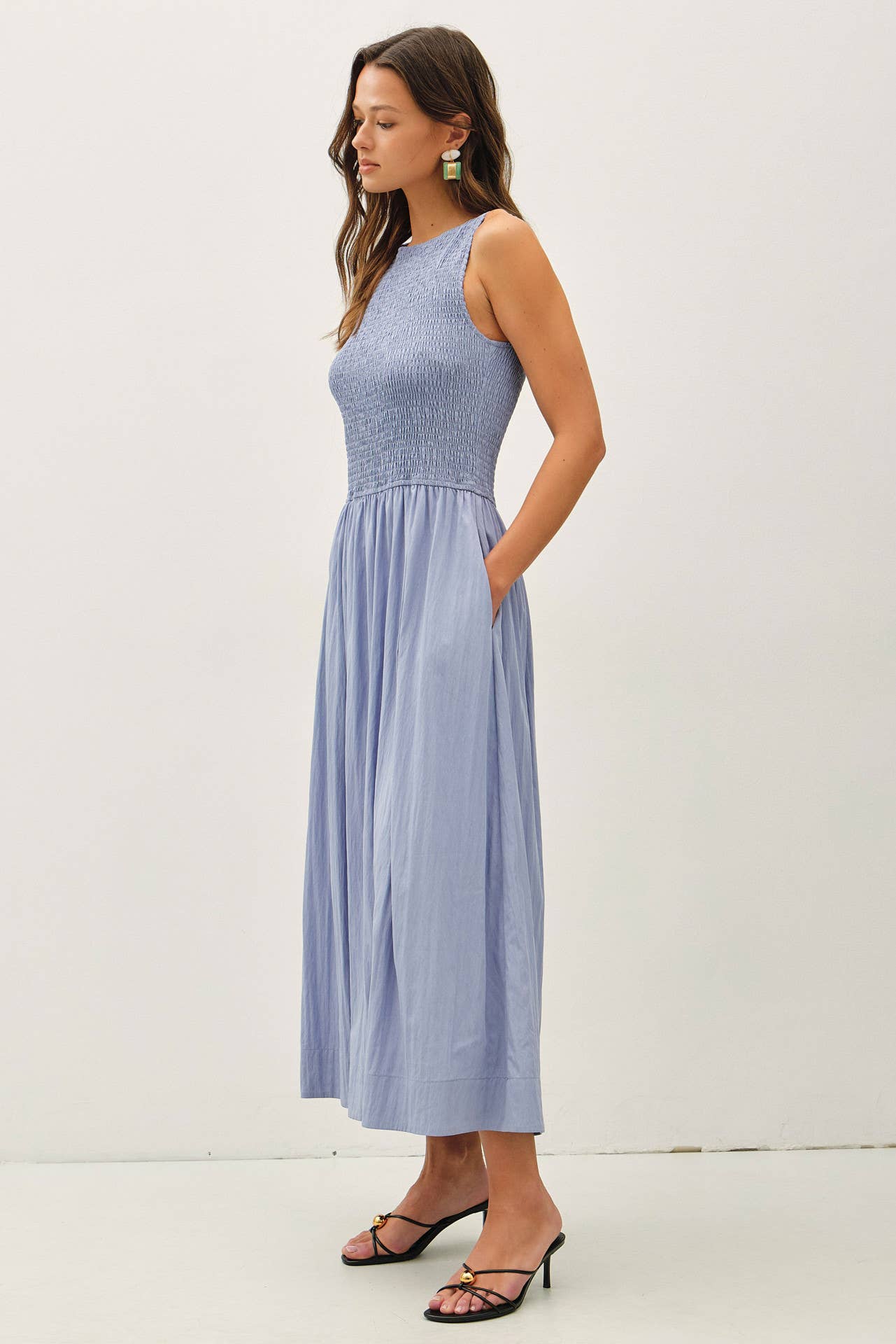 Powder Blue Boatneck Smocked Tank Midi Dress