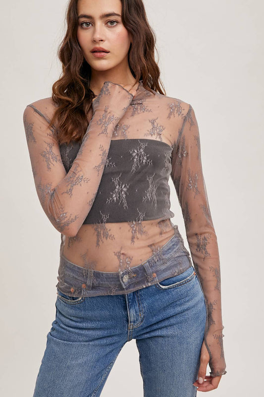 Mauve Floral Lace Mesh Top