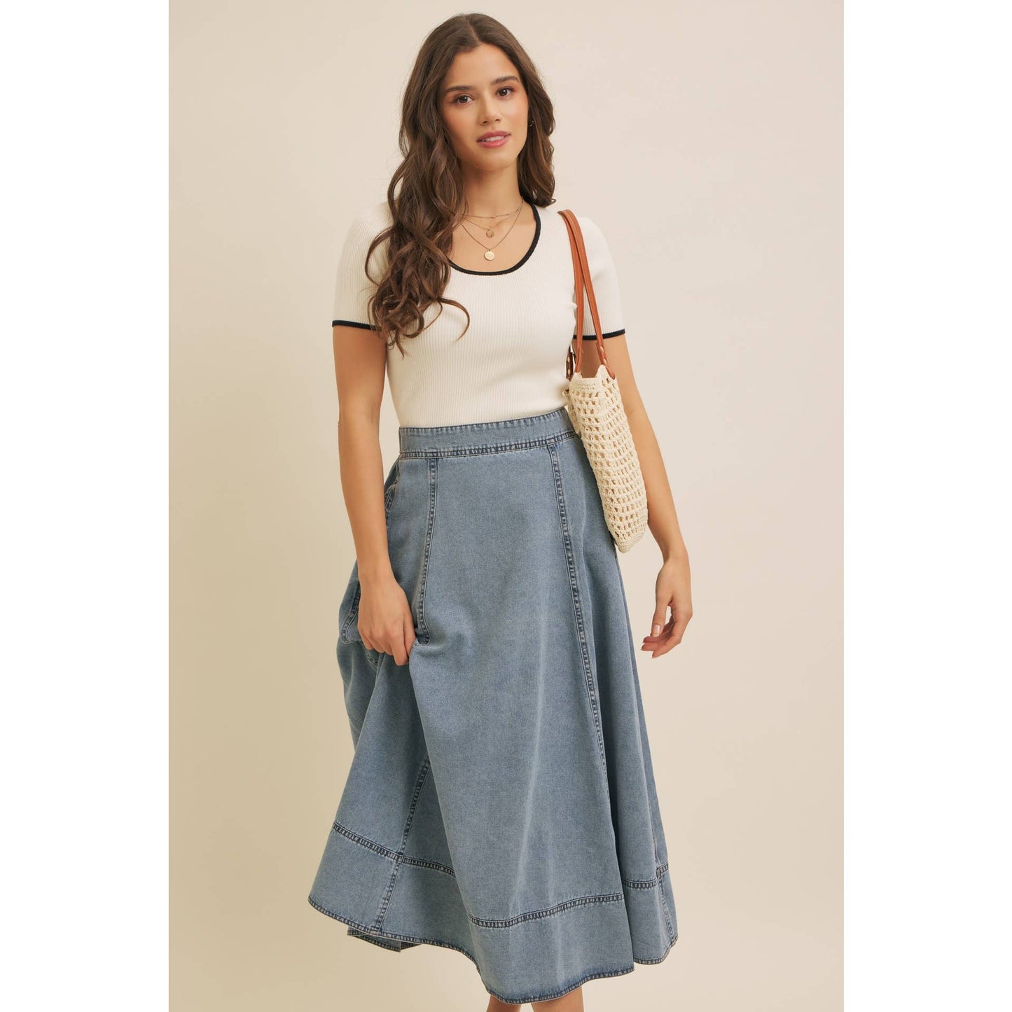 Stitched Denim Midi Skirt