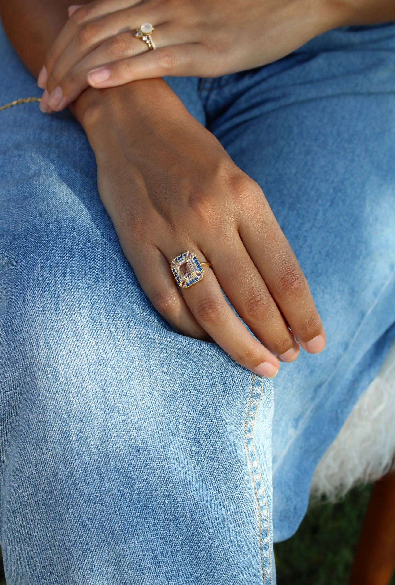 Sapphire Morganite Art Deco Cocktail Ring