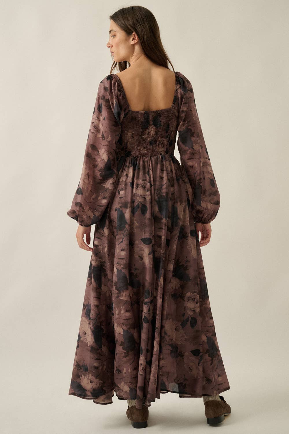 Romantic Brown Blossoms Sweetheart Maxi Dress