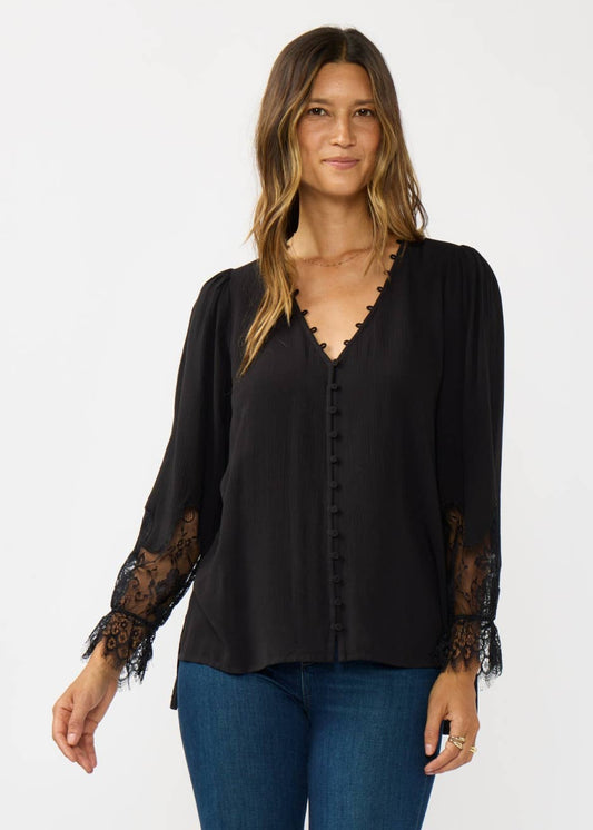Lace Cuff V-Neck Button Blouse