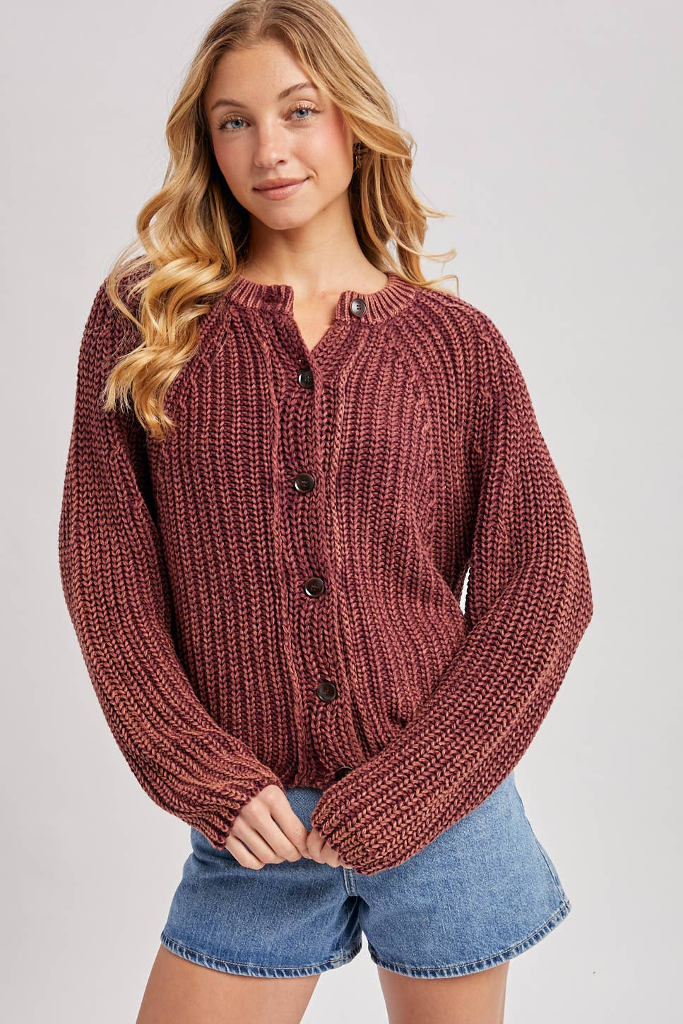Washed Chunky Knit Cardigan Sweater