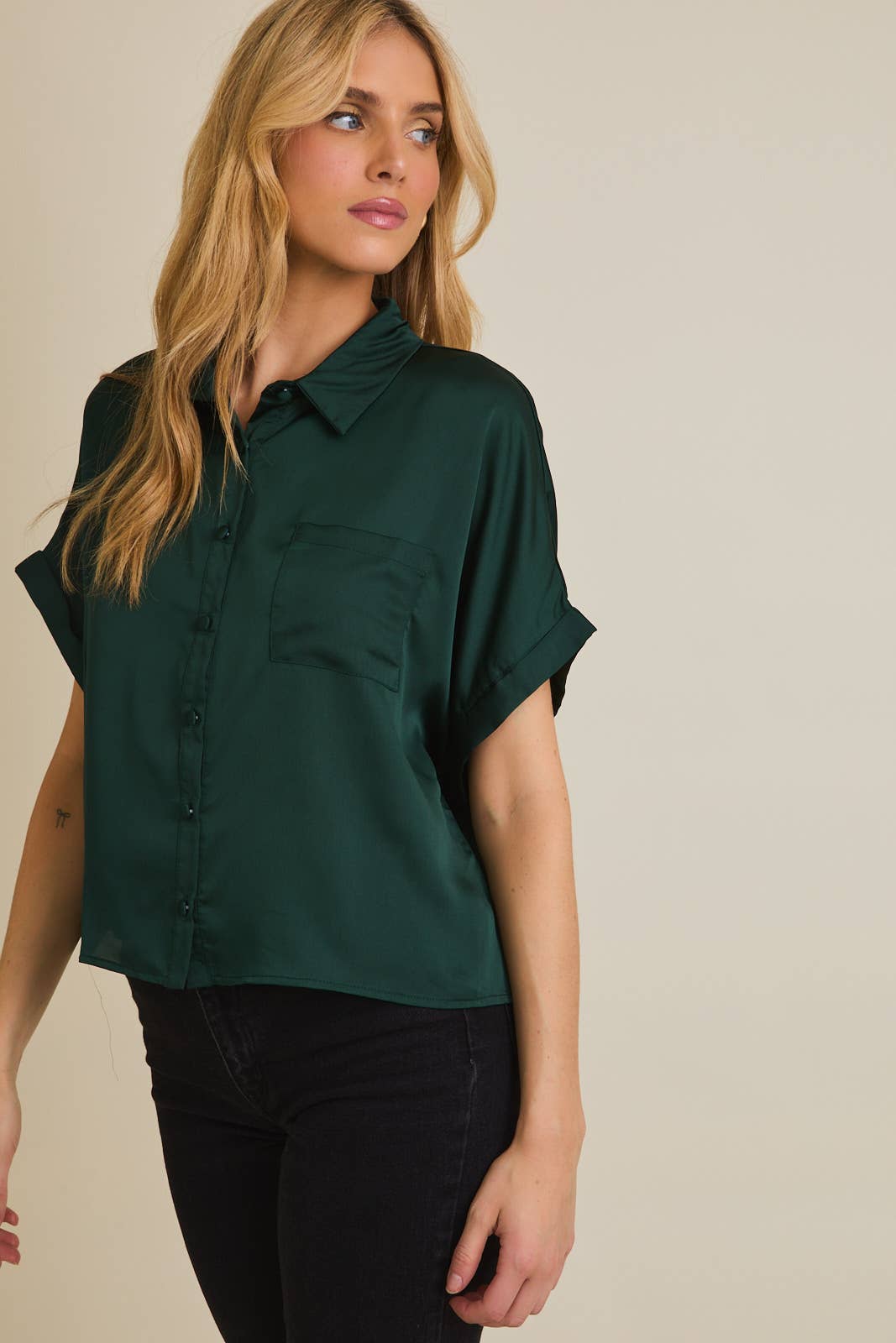Emerald Satin Button Down Blouse
