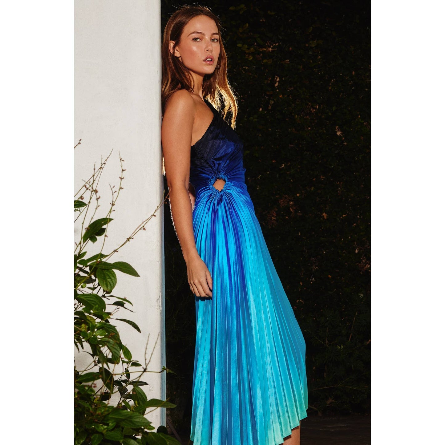 Radiance Ombre Asymmetrical Pleated Maxi Dress