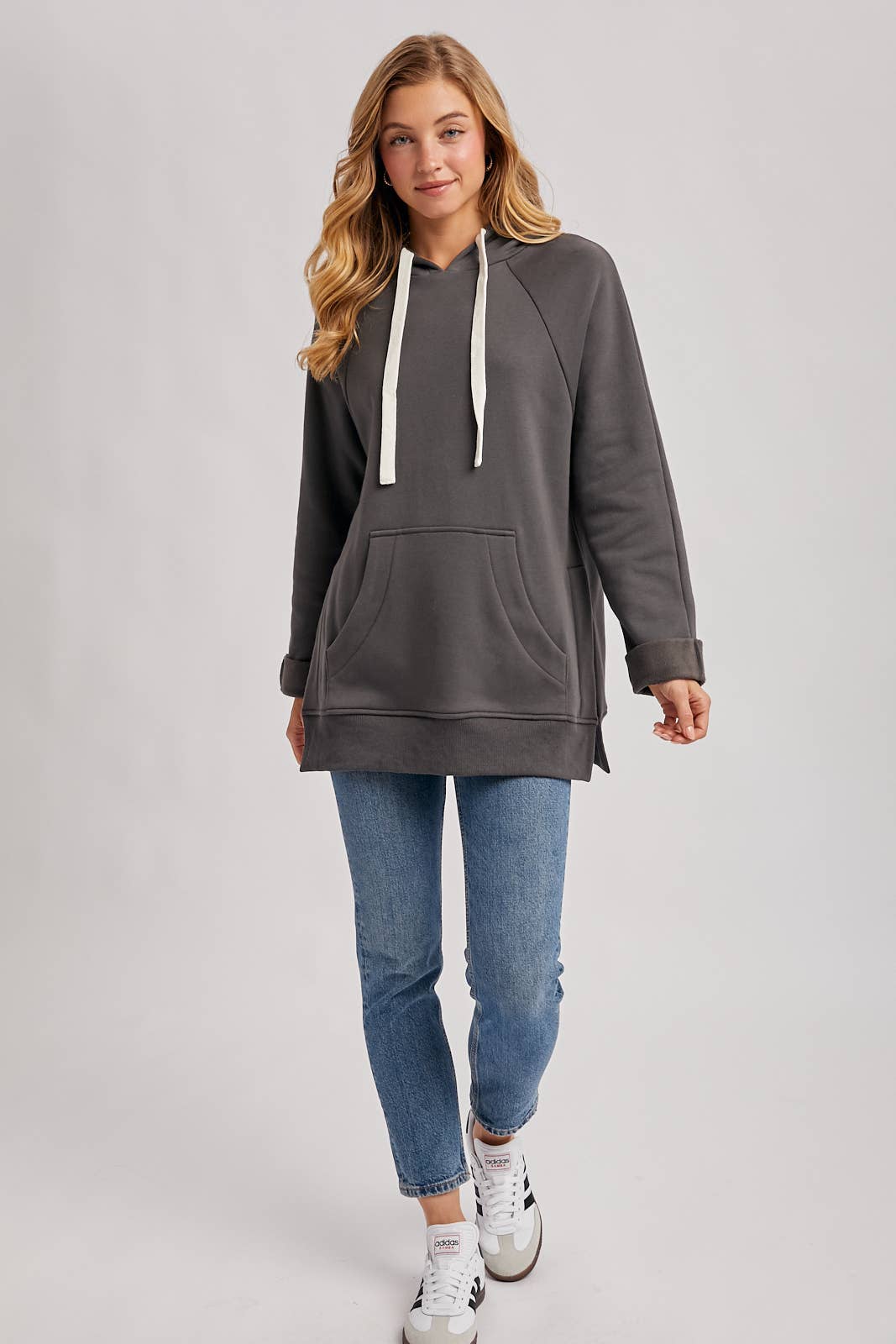 Side Slit Tunic Hooded Sweatshirt - Ash