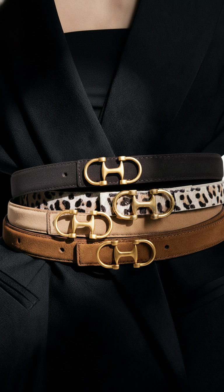Horse Bit Buckle Stitched Napa Leather Belt - Leopard