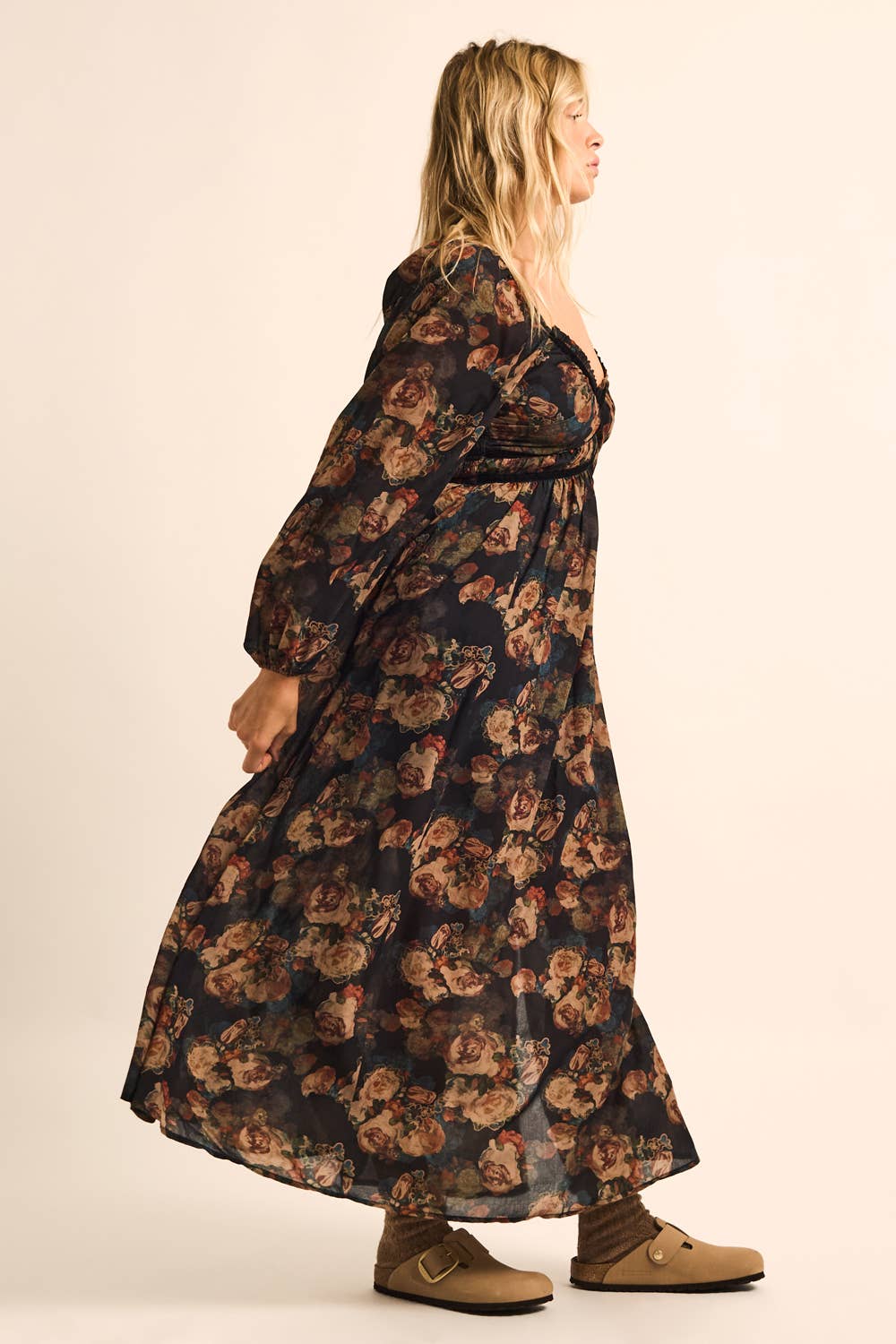 Midnight Floral Velvet-Trimmed Maxi Dress