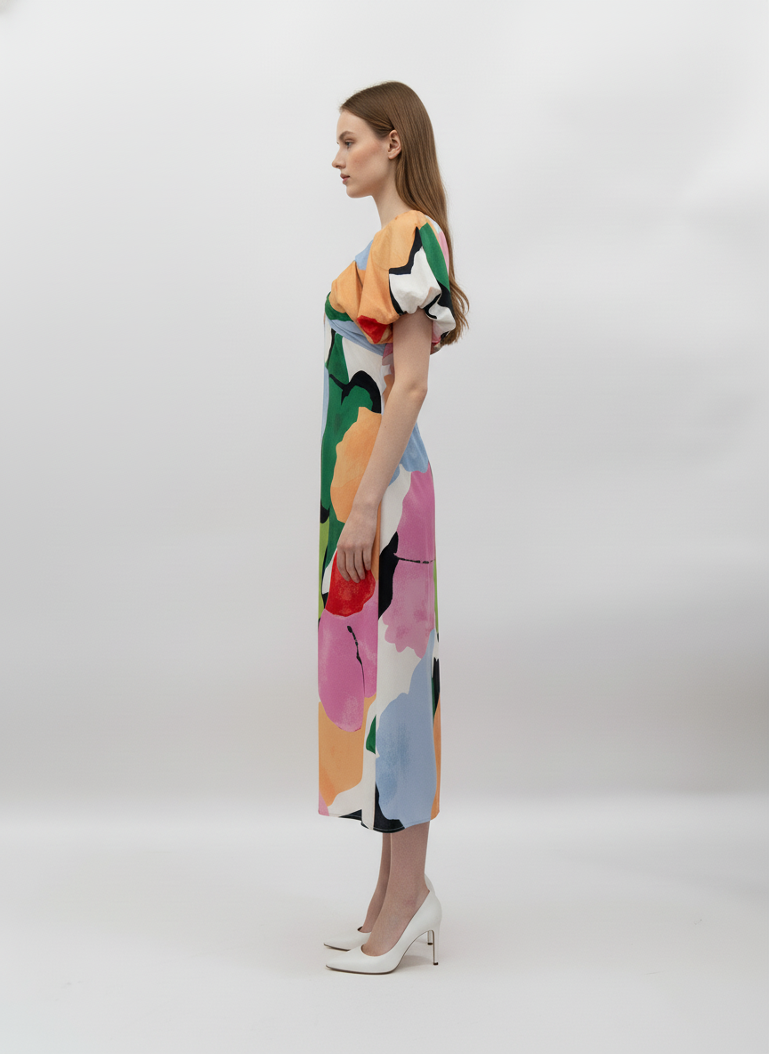 Vibrant Abstract Puff Sleeve Midi Dress