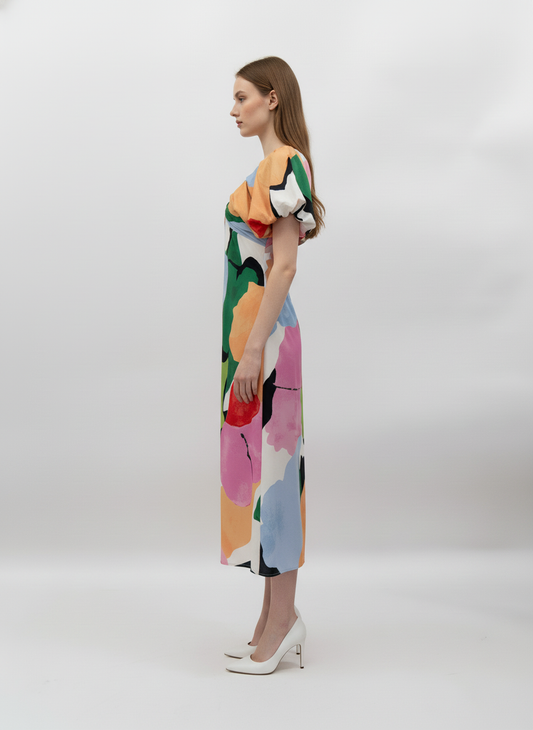 Vibrant Abstract Puff Sleeve Midi Dress