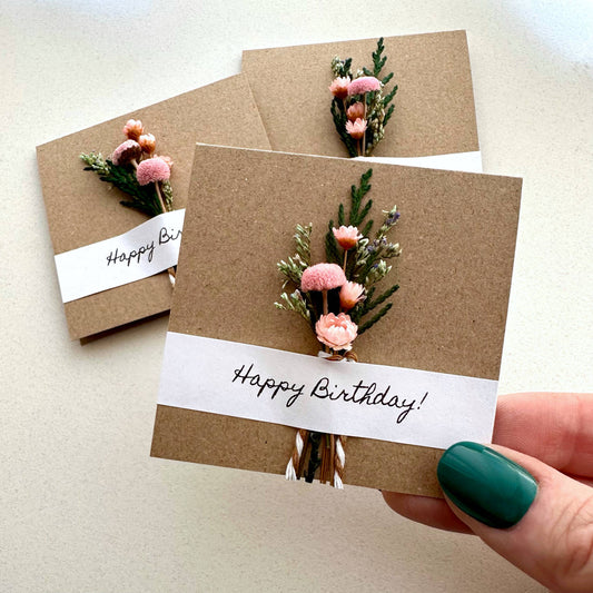 Happy Birthday Mini Pink Dried Floral Bouquet Card