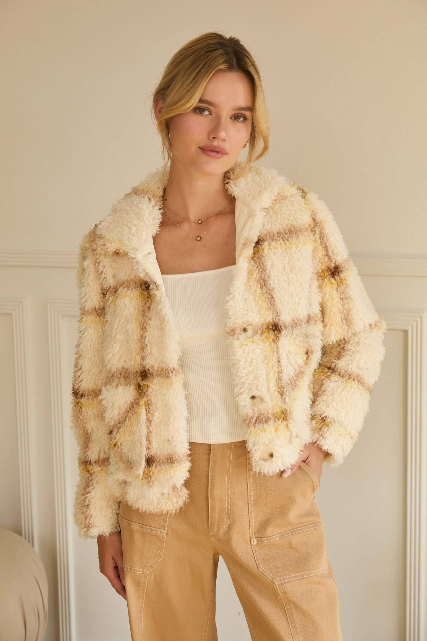 Fuzzy Plaid Button Down Jacket