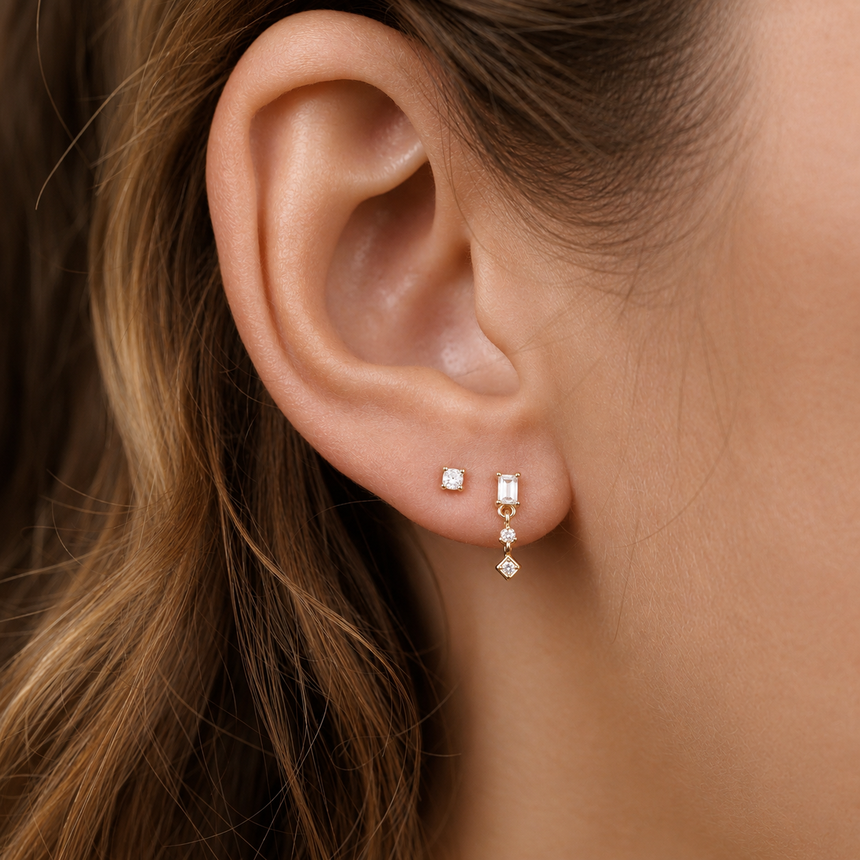 Mini Baguette Drop Earrings - White