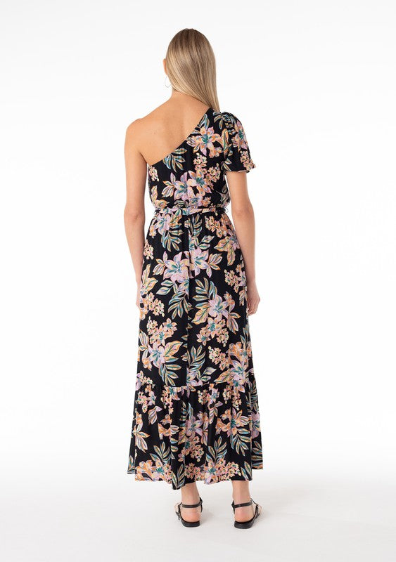 One Shoulder Tropical Print Dress