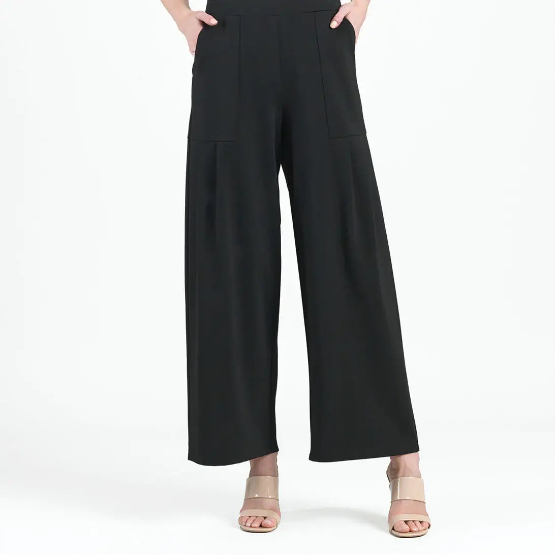 Rayon-Ponte Knit - Pleated Wide Leg Pocket Pant