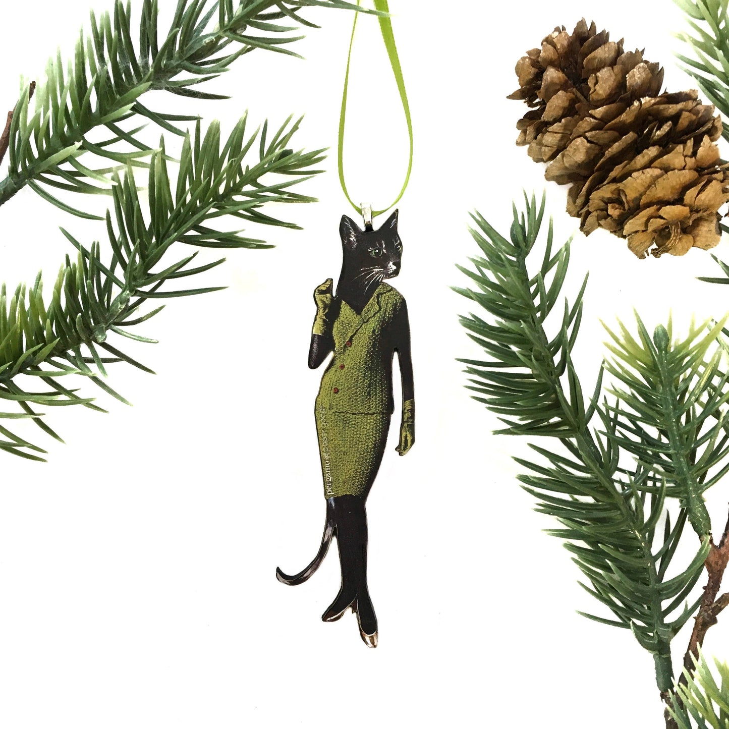 Retro Cat (in Avocado Dress) Christmas Ornament