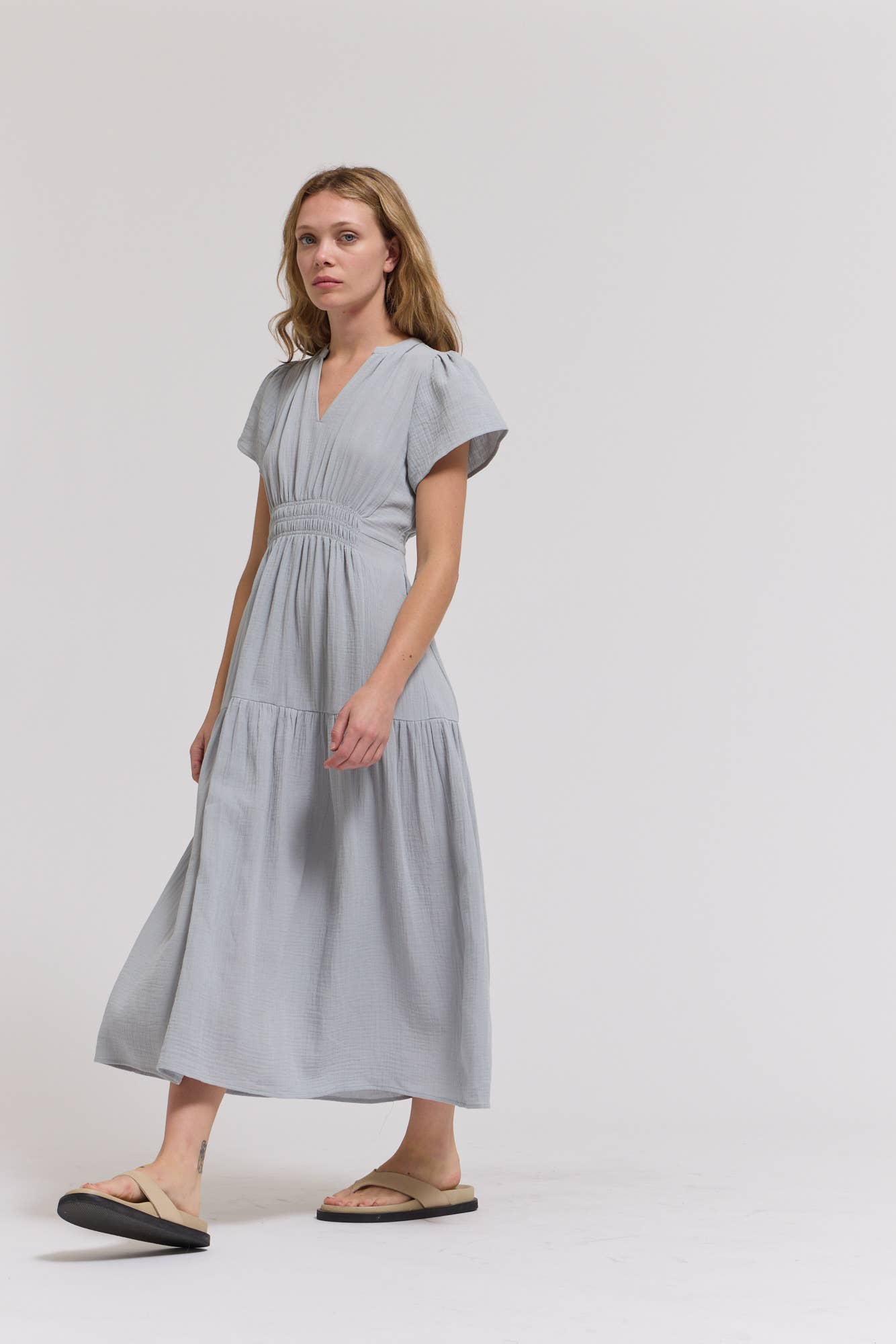 Sky Blue Cotton Gauze Midi Dress