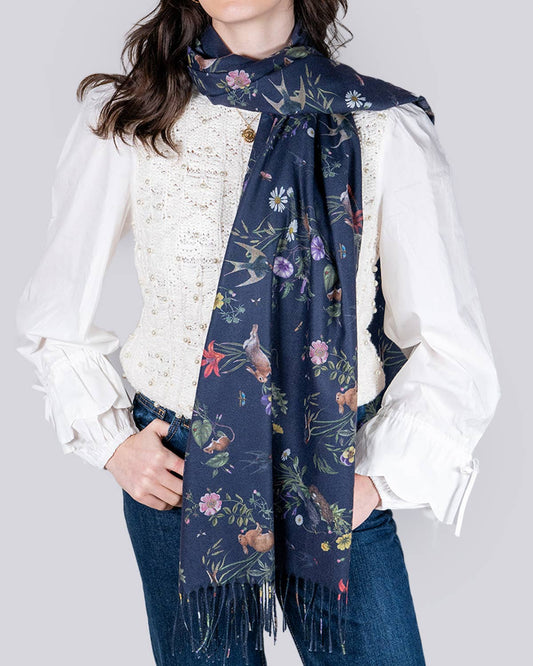 Navy Running Bunny Toile Fringe Scarf